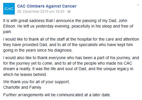 Die traurige Nachricht von John Ellisons Tod wurde auf der CAC Facebook Seite durch Johns Tochter Charlotte bekannt gegeben (c) Facebook