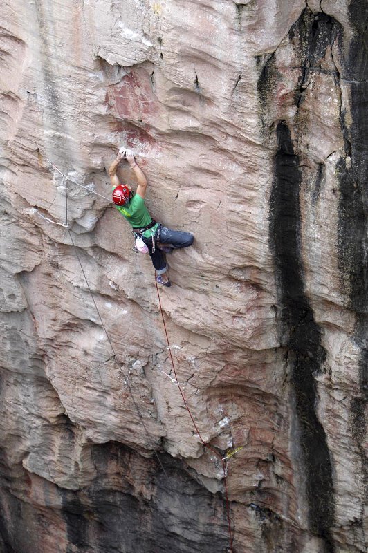 James Pearson on his new route Do You Know Where Your Children Are? graded at E9 6c in Huntsman's Leap Pembroke