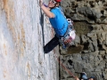 James Pearson attempts the onsight of The Great White (E7 6c) on the White Tower at Mother Carey's Pembroke.