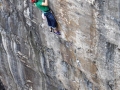 After the disappointment of falling on his flash attempt of Muy Caliente (E10 6c) in Stennis Ford Pembroke James Pearson goes back the next day and climbs the route on his first try that day. E10 ground up in two attempts!! He making moves up the final headwall to a good ledge at the end of the difficulties.