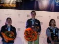 Munich, Germany â August 23: Podium of the Womens Finals of the 2014 IFSC Climbing World Championships Bouldering. Bouldering is climbing without the need for ropes or harnesses on typically short, challenging routes. The World Championships are held under the rooftop of the famous Munich Olympic Stadium. Built for the 1972 Olympic Summer Games the architecture was considered revolutionary for its time. The roof, made of large sweeping canopies of acrylic glass stabilized by steel cables should symbolize the Alps.  (Photo Marco Kost / DAV)