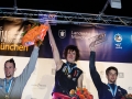 Munich, Germany â August 23: Podium of the Mens Finals of the 2014 IFSC Climbing World Championships Bouldering. Bouldering is climbing without the need for ropes or harnesses on typically short, challenging routes. The World Championships are held under the rooftop of the famous Munich Olympic Stadium. Built for the 1972 Olympic Summer Games the architecture was considered revolutionary for its time. The roof, made of large sweeping canopies of acrylic glass stabilized by steel cables should symbolize the Alps.  (Photo Marco Kost / DAV)