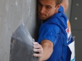 Munich, Germany â August 23: JÃ¶rg Verhoven (NED) is seen during the Womens Semi-Finals of the 2014 IFSC Climbing World Championships Bouldering. Bouldering is climbing without the need for ropes or harnesses on typically short, challenging routes. The World Championships are held under the rooftop of the famous Munich Olympic Stadium. Built for the 1972 Olympic Summer Games the architecture was considered revolutionary for its time. The roof, made of large sweeping canopies of acrylic glass stabilized by steel cables should symbolize the Alps.  (Photo Marco Kost / DAV)