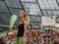 Munich, Germany â August 23: Monika Retschy (GER)  is seen during the Womens Semi-Finals of the 2014 IFSC Climbing World Championships Bouldering. Bouldering is climbing without the need for ropes or harnesses on typically short, challenging routes. The World Championships are held under the rooftop of the famous Munich Olympic Stadium. Built for the 1972 Olympic Summer Games the architecture was considered revolutionary for its time. The roof, made of large sweeping canopies of acrylic glass stabilized by steel cables should symbolize the Alps.  (Photo Marco Kost / DAV)