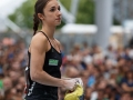 Munich, Germany â August 23: Julaine Wurm (GER) is seen during the Womens Semi-Finals of the 2014 IFSC Climbing World Championships Bouldering. Bouldering is climbing without the need for ropes or harnesses on typically short, challenging routes. The World Championships are held under the rooftop of the famous Munich Olympic Stadium. Built for the 1972 Olympic Summer Games the architecture was considered revolutionary for its time. The roof, made of large sweeping canopies of acrylic glass stabilized by steel cables should symbolize the Alps.  (Photo Marco Kost / DAV)