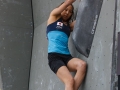 Munich, Germany â August 23: Akiyo Noguchi (JPN) is seen during the Womens Semi-Finals of the 2014 IFSC Climbing World Championships Bouldering. Bouldering is climbing without the need for ropes or harnesses on typically short, challenging routes. The World Championships are held under the rooftop of the famous Munich Olympic Stadium. Built for the 1972 Olympic Summer Games the architecture was considered revolutionary for its time. The roof, made of large sweeping canopies of acrylic glass stabilized by steel cables should symbolize the Alps.  (Photo Marco Kost / DAV)