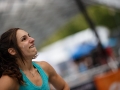 Munich, Germany â August 23: Alex Puccio (USA) is seen during the Womens Semi-Finals of the 2014 IFSC Climbing World Championships Bouldering. Bouldering is climbing without the need for ropes or harnesses on typically short, challenging routes. The World Championships are held under the rooftop of the famous Munich Olympic Stadium. Built for the 1972 Olympic Summer Games the architecture was considered revolutionary for its time. The roof, made of large sweeping canopies of acrylic glass stabilized by steel cables should symbolize the Alps.  (Photo Marco Kost / DAV)