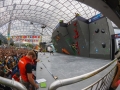 Munich, Germany â August 23: General view of the Womens Semi-Finals of the 2014 IFSC Climbing World Championships Bouldering. Bouldering is climbing without the need for ropes or harnesses on typically short, challenging routes. The World Championships are held under the rooftop of the famous Munich Olympic Stadium. Built for the 1972 Olympic Summer Games the architecture was considered revolutionary for its time. The roof, made of large sweeping canopies of acrylic glass stabilized by steel cables should symbolize the Alps.  (Photo Marco Kost / DAV)