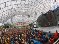 Munich, Germany â August 23: General view of the Womens Semi-Finals of the 2014 IFSC Climbing World Championships Bouldering. Bouldering is climbing without the need for ropes or harnesses on typically short, challenging routes. The World Championships are held under the rooftop of the famous Munich Olympic Stadium. Built for the 1972 Olympic Summer Games the architecture was considered revolutionary for its time. The roof, made of large sweeping canopies of acrylic glass stabilized by steel cables should symbolize the Alps.  (Photo Marco Kost / DAV)