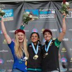 Siegerpodest Damen beim Boulderweltcup 2016 in Vail: Shauna Coxsey (GBR), Megan Mascarenas (USA) und Anna Stöhr (AUT)