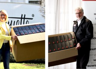 Silhouette International spendet 20.000 evil eye-Brillen an das Rote Kreuz evil eye Brand Director Susanna Kumpfmüller von Silhouette International übergab kontaktlos einen Teil der Brillenspende an Dr. Aichinger Walter, Präsident des Oberösterreichischen Roten Kreuzes. (c) OÖKR/Affenzeller